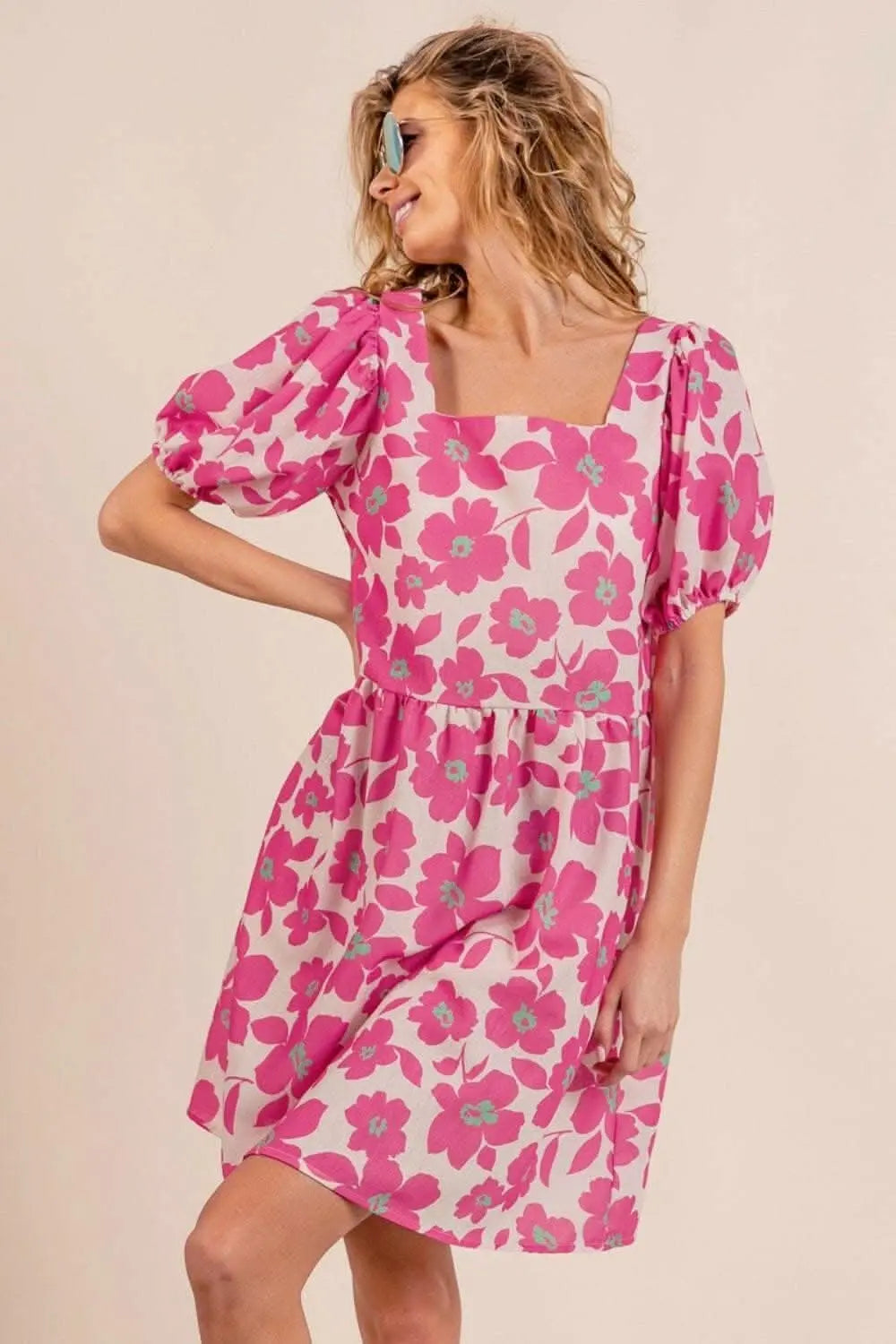 Vintage Charm Square Neck Puff Sleeve Mini Dress with Unique Print - Love Salve